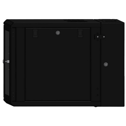 Gabinete Rackeable / 09 Unidades / Pared 19 Pulgadas / Puerta de Cristal / Acero Calibres 18-22 / Carga 80 kg / Dimensiones 634x632x468 mm (25x24.9x18.4 in) / Abatible 120° / Ventilación