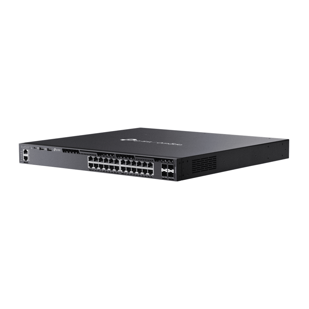 Switch Omada L3 SDN Administrable / 24 puertos PoE af/at Gigabit y 4 puertos SFP+ / Presupuesto PoE 720W / Funciones RIP, VRRP, Servidor DHCP / Administración centralizada OMADA / Fuente Redundante