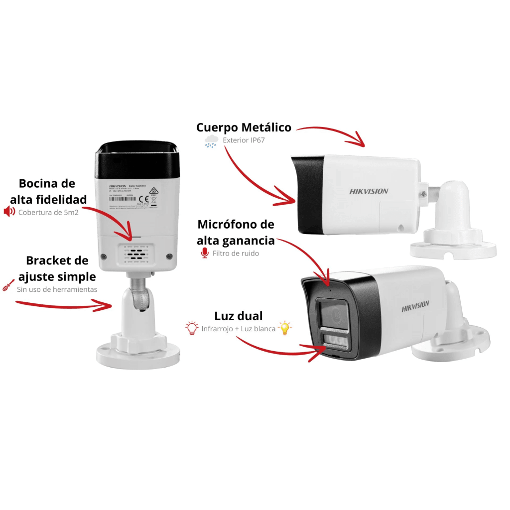 [Audio Bidireccional + Dual Light + ColorVu] Bala TURBOHD 4K (8 Megapixel) / Lente 2.8 mm / 30 mts IR EXIR + 20 mts Luz Blanca / Micrófono y Bocina Integrado / Exterior IP67 / Metal / dWDR