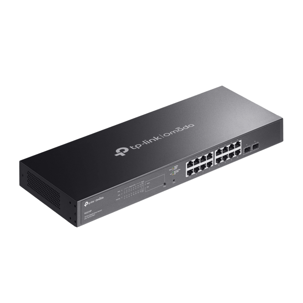 Switch Smart Omada 18 Puertos Gigabit / 16 Puertos PoE+ 802.3af/at / 2 Ranuras SFP Gigabit / Presupuesto PoE 150 W / Switching 36 Gbps / Enrutamiento Estático L2+ / Gestión Cloud SDN / Fanless / Montable en Rack
