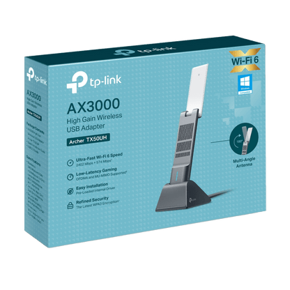 Adaptador USB Wireless Wi-Fi 6 / AX3000 (2402 Mbps + 574 Mbps) / Antenas de Alta Ganancia / USB 3.0 / Baja Latencia Gaming / WPA3 / Cuna Desmontable con Cable 1.2 m (3.9 ft)