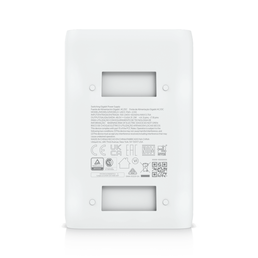 Adaptador PoE+ 2.5G / hasta 30 W / 48V 0.65A / (2) Puertos RJ45 MultiGigabit 2.5G / Salida PoE+ / LED Indicador / Ideal para APs UniFi WiFi 7 / / Protección contra Sobretensiones