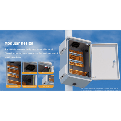 Gabinete de Acero Ventilado para Exterior 180 x 340 x 160 mm con Rieles DIN y 4 Placas Laterales para Montaje de Equipos por Fuera