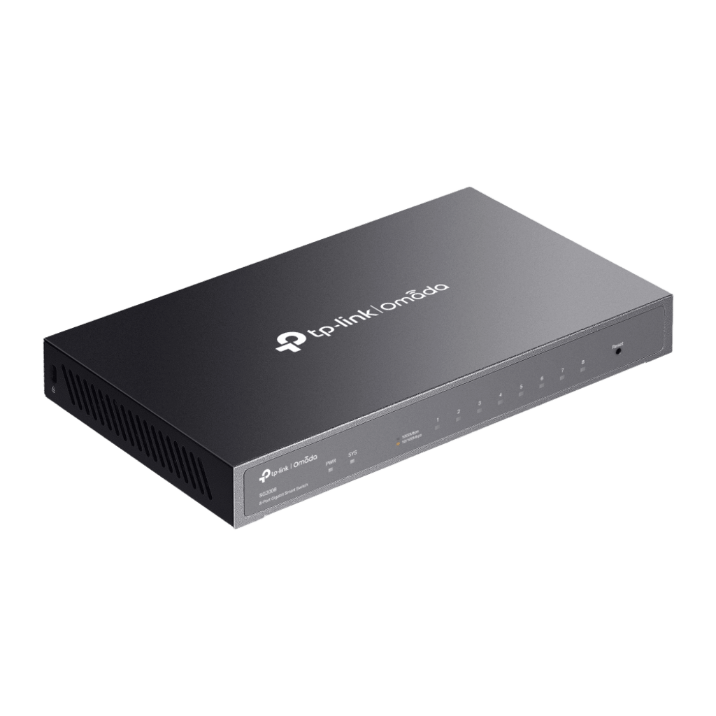 Switch Administrado Gigabit 8 Puertos / Omada SDN / 16 Gbps Capacidad Switching / Gestión Cloud y Local / VLAN / QoS / ACL / Sin Ventiladores / Montaje Pared-Escritorio