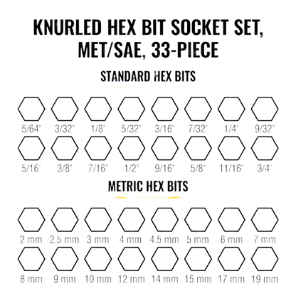 Juego de Dados Moleteados / SAE-Métrico-Hex-Torx® / 13 Piezas por Set / Acabado Moleteado para Mejor Agarre / Marcado en Relieve / Incluye Llaves Cuadradas