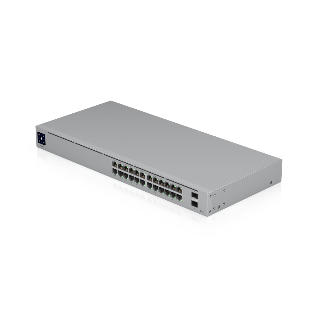 Switch UniFi Capa 2 / 24 Puertos Gigabit / 16 Puertos PoE+ 802.3af/at / 95W Total / 2 Puertos SFP 1G / Pantalla LCM / Sin Ventilador
