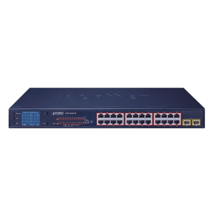 Switch PoE de 24 Puertos Gigabit 802.3af/at con Modo Extendido 250 m, 2 Puertos SFP 1000SX , Pantalla LCD para Configuración Básica, Hasta 300 W para PoE