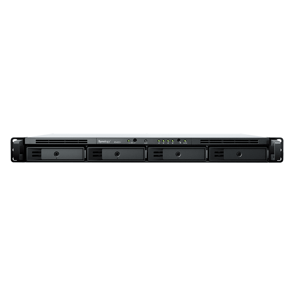 NAS RackStation RS822+ | 4 Bahías | 1U | AMD Ryzen V1500B | 32 GB DDR4 ECC | 4 Puertos 1GbE | Expansión PCIe | Compatible con SSD NVMe | Sistema Operativo Synology DSM.