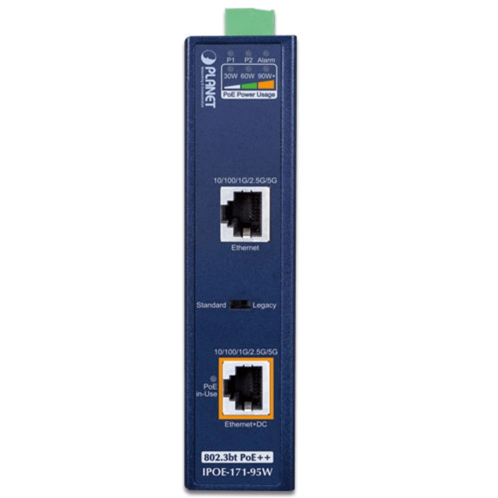 Inyector Industrial, Multi-Gigabit 802.3bt PoE++ / 95W / 2 Puertos RJ45 / 10M/100M/1G/2.5G/5Gbps / IP30 / -40 a 75°C / Montaje en Riel DIN o Pared