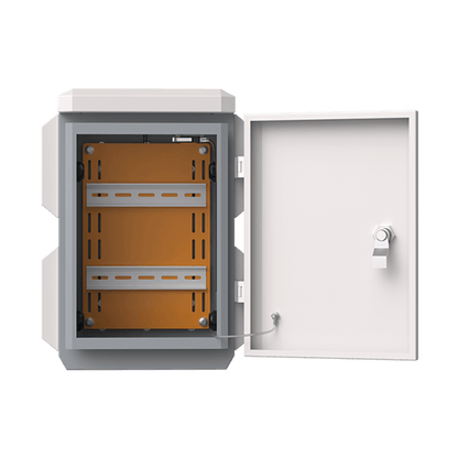 Gabinete de Acero Ventilado para Exterior 180 x 340 x 160 mm con Rieles DIN y 4 Placas Laterales para Montaje de Equipos por Fuera