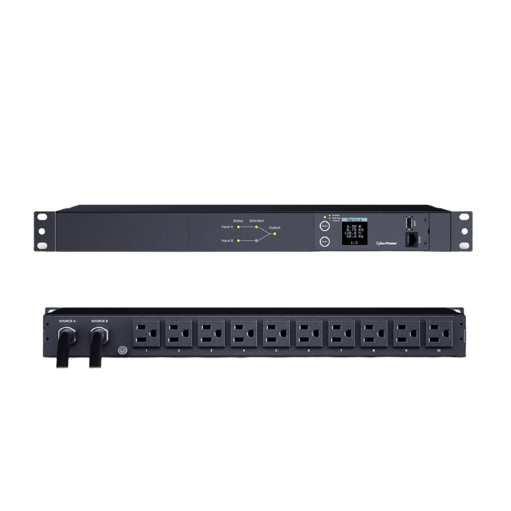 PDU ATS (Fuente Redundante Auto-transferible) Medible, Para Distribución de Energía, 2 Entradas 120 Vca NEMA5-15P, Con 10 Salidas NEMA 5-15R, Horizontal 19in, 1UR