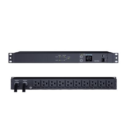 PDU ATS (Fuente Redundante Auto-transferible) Medible, Para Distribución de Energía, 2 Entradas 120 Vca NEMA5-15P, Con 10 Salidas NEMA 5-15R, Horizontal 19in, 1UR