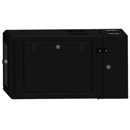 Gabinete Rackeable / 06 Unidades / Pared 19 Pulgadas / Puerta de Cristal / Pintura Electroestática Negro / Abatible 120° / Ventilación 120 mm