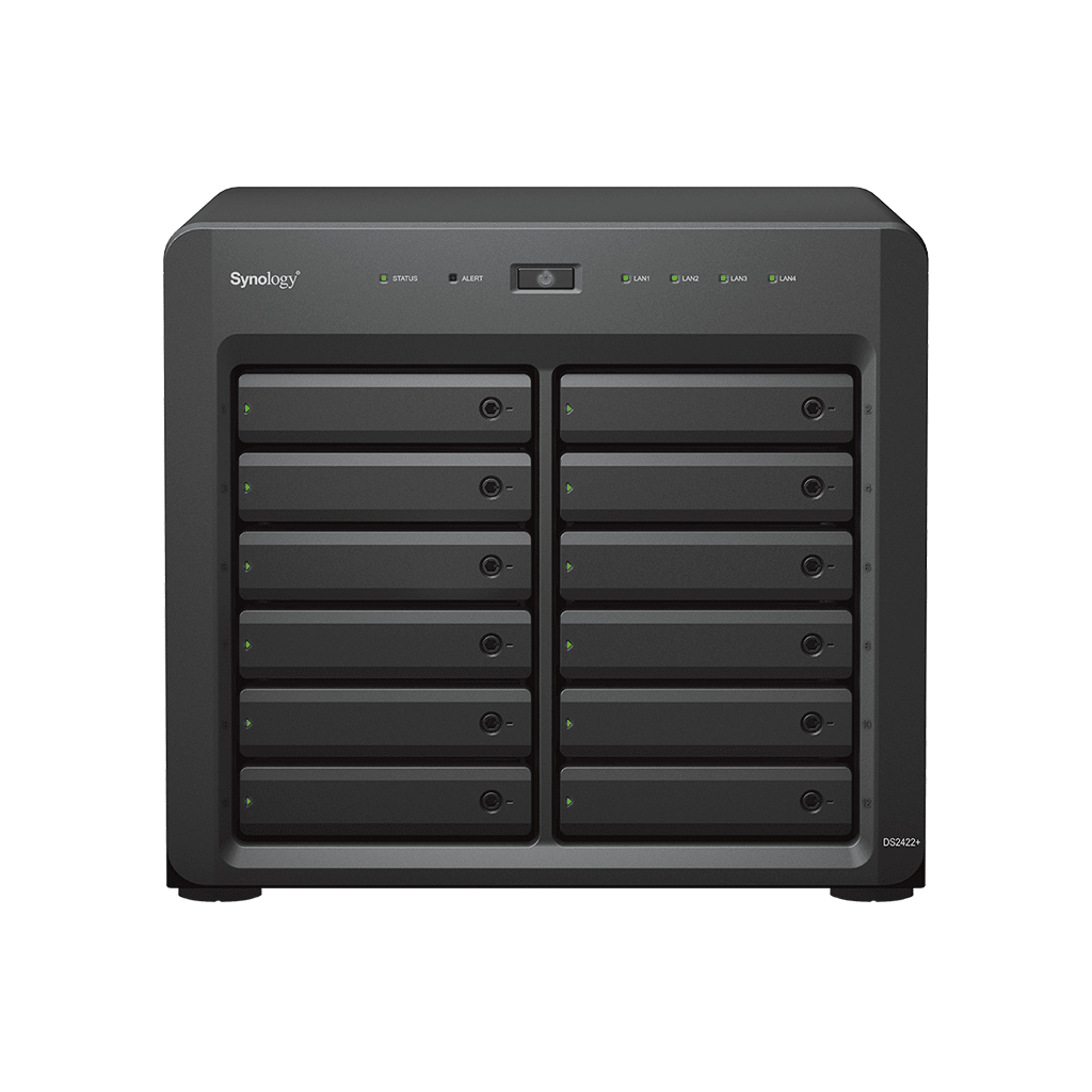 NAS Synology DiskStation DS2422+ | 12 Bahías | Expandible a 24 Bahías | Procesador AMD Ryzen Quad-Core | Hasta 32 GB DDR4 ECC | Caché NVMe SSD | Redes 10/25GbE | Compatible con Virtualización y Vigilancia.