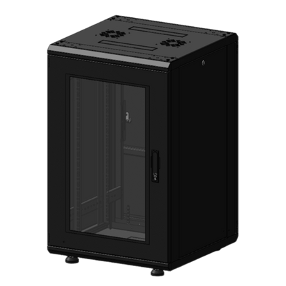 Gabinete Rack 19 Pulgadas / 18 Unidades / Piso / Puerta de Cristal / Acero Calibres 16-18-20 / Capacidad 750 kg (1653.5 lb) / Dimensiones 60 cm (23.6 in) x 93 cm (36.6 in) x 46 cm (18.1 in)