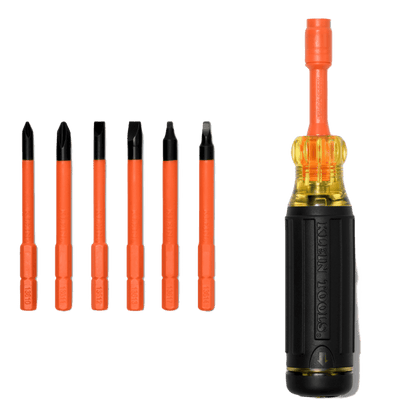 Destornillador Aislado 6-en-1 Auto-Lock / Aislado 1000V CAT III / Almohadilla de agarre / Almacenamiento de brocas integrado / Bits Philips #1 #2 / Slotted 3/16" 1/4" / Square #1 #2