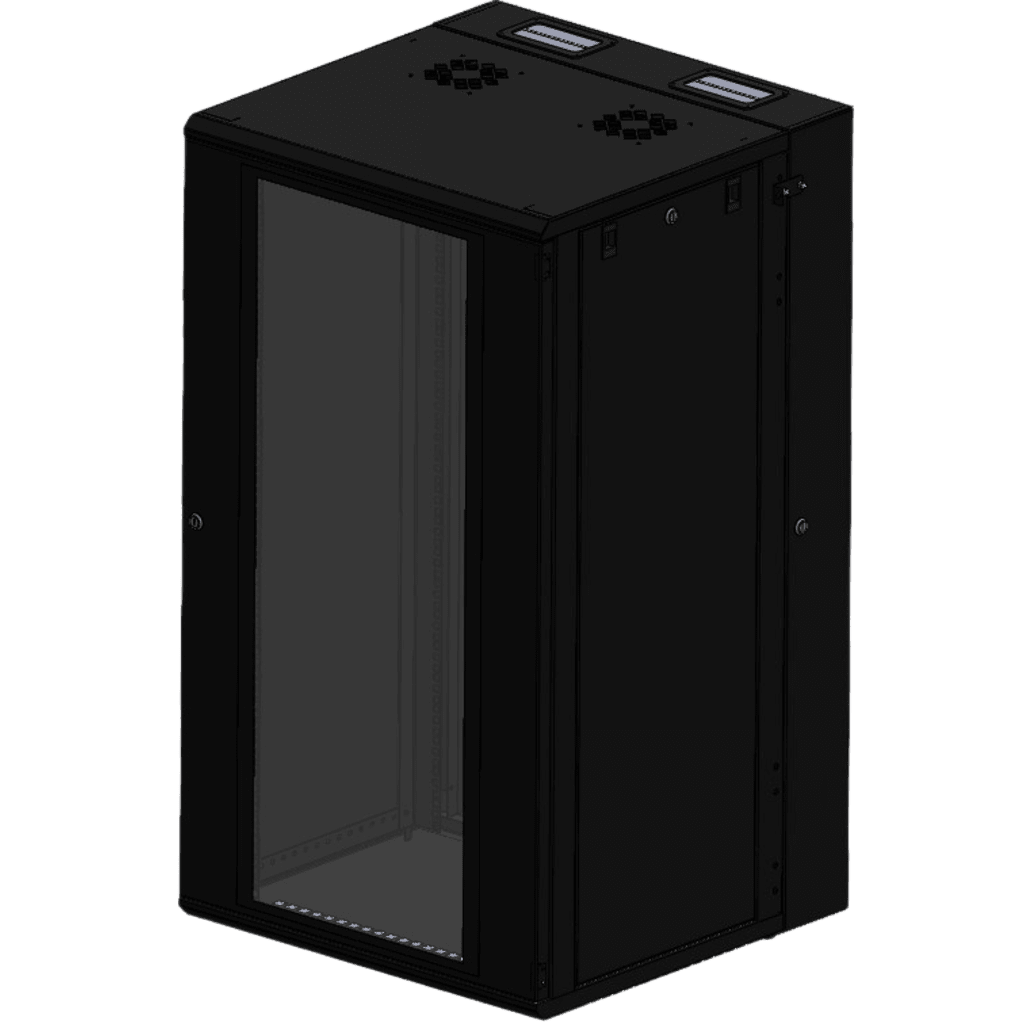 Gabinete Rackeable 24 UR / 19 Pulgadas / Puerta de Cristal / Acero Calibres 18 y 22 / Montaje en Pared / Capacidad de Carga 80 Kg / Pintura Electroestática Negra / Abatible 120° / Laterales Removibles
