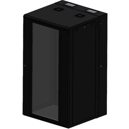 Gabinete Rackeable 24 UR / 19 Pulgadas / Puerta de Cristal / Acero Calibres 18 y 22 / Montaje en Pared / Capacidad de Carga 80 Kg / Pintura Electroestática Negra / Abatible 120° / Laterales Removibles