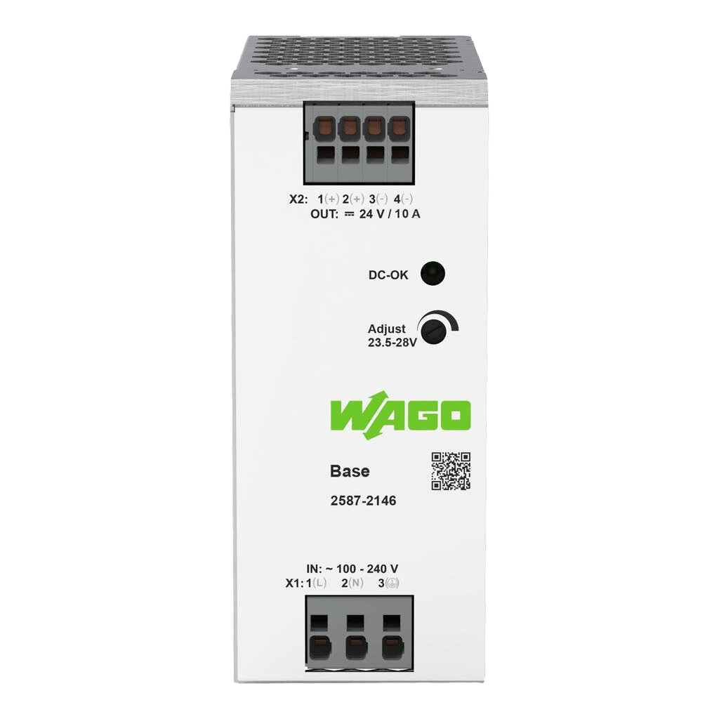 Fuente de Alimentación BASE / 24V DC 10A 240W / Monofásica 100-240V AC / Push-in CAGE CLAMP® / Sincronización Primaria / Autoenfriamiento / Paralelo y Serie / IP20 / Carril DIN