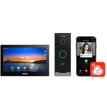 Kit Videoportero IP / Estación Interior i504W + Frente de Calle i60 / Pantalla Táctil 7" HD / Videollamadas H.264/H.265 / Wi-Fi Dual Band / PoE / App Fanvil Link / ONVIF / 10,000 Tarjetas RFID