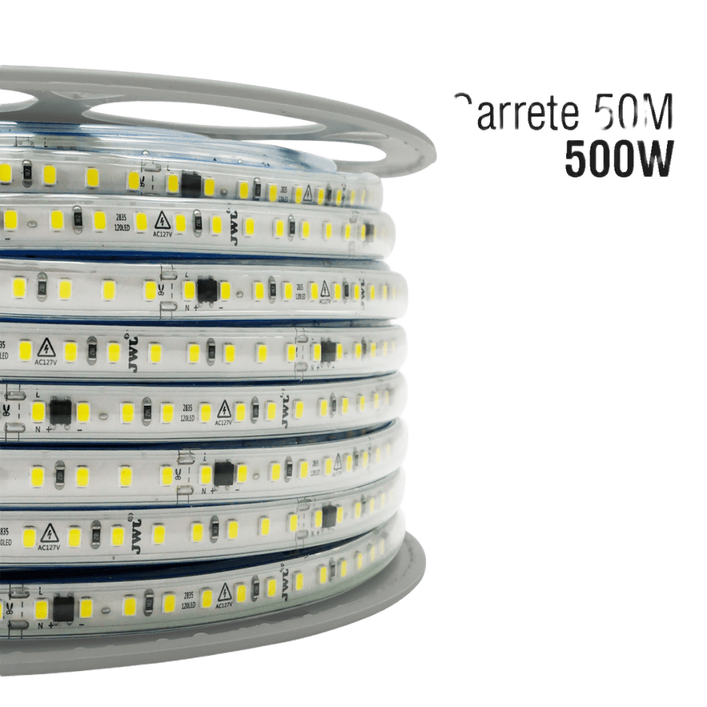 Manguera LED Luminosa Blanca de Resina Transparente y Flexible / Para uso Interior o Exterior / Carrete de 50 m/ 110V CA  4.2 A/ 500 W Potencia / T.C.C. 6500 K.