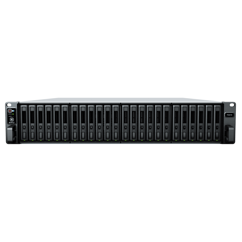 Servidor de Almacenamiento FlashStation FS3410 | 24 Bahías SSD SATA 2.5" | Intel Xeon D-1541 8 Núcleos | 16 GB RAM (Ampliable a 128 GB) | 356,500 IOPS Lectura | 129,400 IOPS Escritura | 4 Puertos 1GbE + 2 Puertos 10GbE