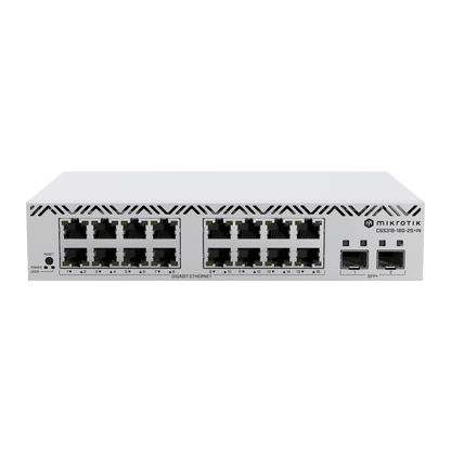 Switch MikroTik con 16 Puertos Gigabit Ethernet / 2 Puertos SFP+ 10G / Filtrado MAC y VLANs / SwOS Configuración Web