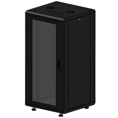 Gabinete Rackeable 19 Pulgadas / 24 Unidades / Piso / Puerta de Cristal / Acero Calibres 16-18-20 / Capacidad 750 Kg / Dimensiones 600x605x1190 mm (23.6x23.8x46.9 in) / Ventilación 120 mm / Cerradura