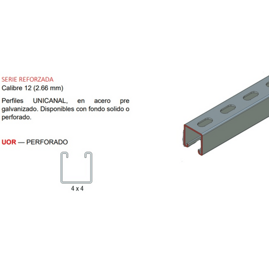 Unicanal Perforado Rojo 4 x 4 cm x 3 m / Calibre 12.