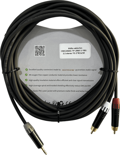 Cable 3.5mm a 2 RCA, conectores negros, con diferenciador de blanco y rojo en RCA MT380-RD - MT380-WH - MTP3C-BG, length 5m