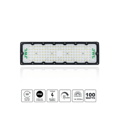 Reflector LED 100 W /350 x 100 mm / 85 - 265 Vca~ 50/60Hz / TCC 6 500 K / Uso en exterior.