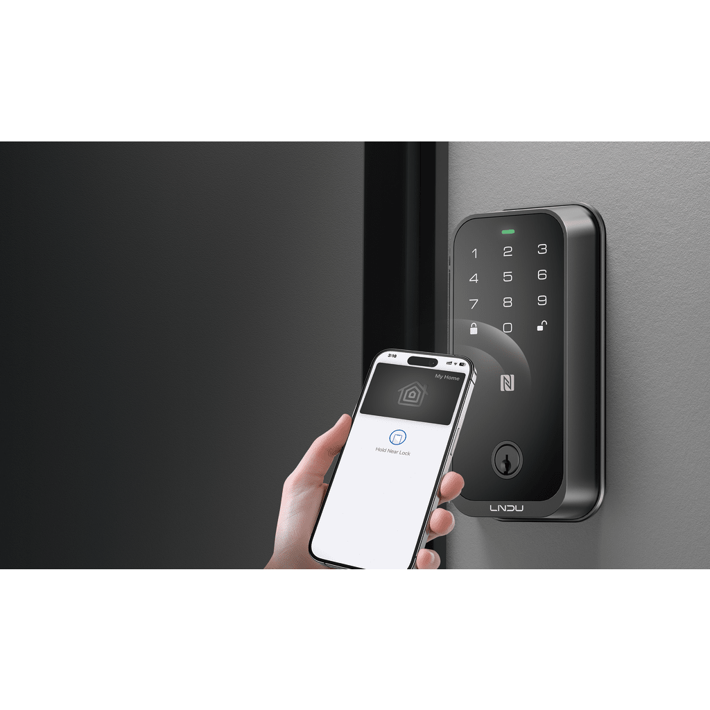 Cerradura Inteligente con Huella Digital LNDU HK01W / WiFi Integrado / Compatible Apple HomeKit / Teclado Táctil / 8 Baterías AA / Escaneo iPhone-Apple Watch-Fob / Bloqueo Manual y Automático / Exterior IP54