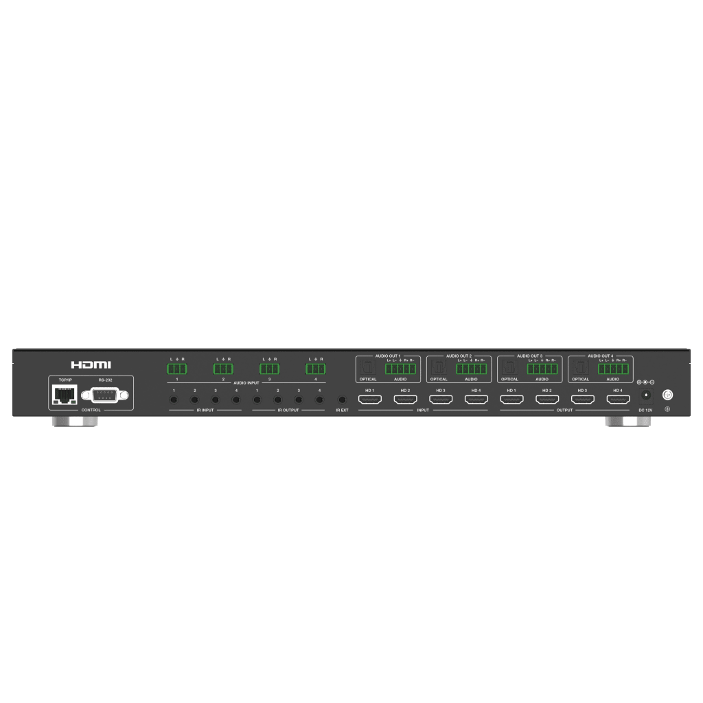 Switch de Video Matrix 4x4 HDMI 2.0 | 18Gbps Ancho de Banda | 4K2K@60Hz Resolución | 4 Entradas 4 Salidas HDMI | Audio LPCM y Dolby Digital | Control TCP-IP y RS-232 | Conectores Phoenix para Audio | Metal Enclosure