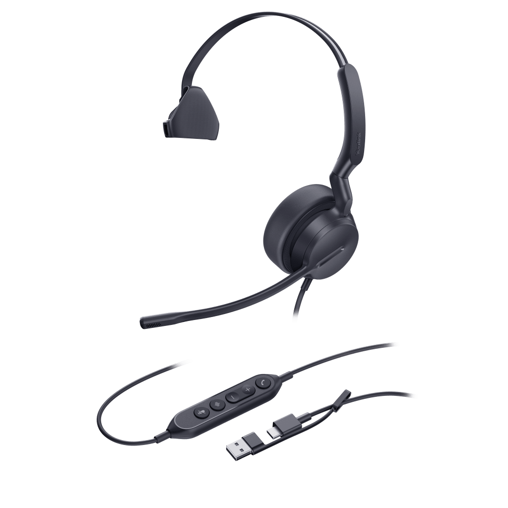 Diadema Profesional Alámbrica Yealink UH42 Mono con Cancelación de Ruido por IA y Conectividad USB-C/A Compatible con Teléfonos IP y Computadoras