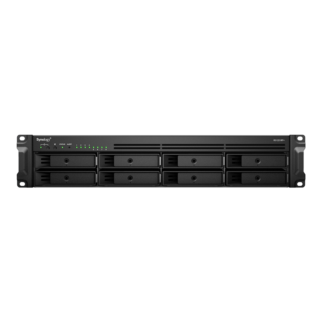 Servidor de Almacenamiento en Red Synology RackStation RS1221RP+ | 8 Bahías | Expandible a 12 Bahías | CPU AMD Ryzen V1500B | 4 GB DDR4 ECC | RAID Soportado | 10/25GbE | Virtualización Certificada | Protección de Datos Integral