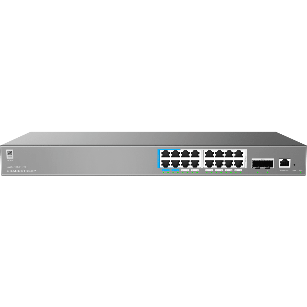 Switch de Red Empresarial L2++ / Serie GWN7800 Pro / 16 Puertos Gigabit PoE 250W / 2 Puertos SFP+ / Gestión Cloud GDMS / VLAN 4K / QoS Avanzado / Seguridad Integral