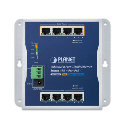 Switch Industrial No Administrable, Múltiple Montaje (Pared, Riel DIN y Magnético), 8 Puertos Gigabit con 4 puertos PoE 802.3at, Hasta 120 W.