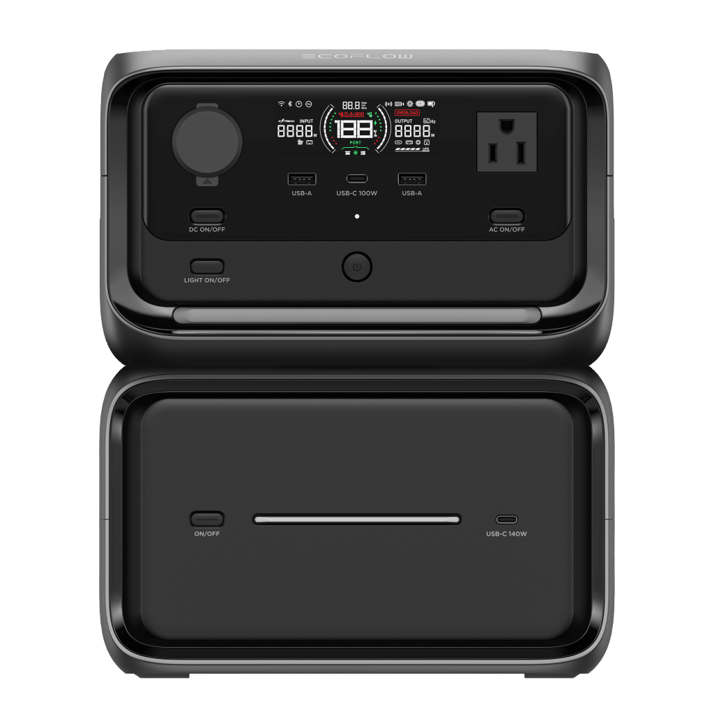 EcoFlow River 3 | Estación de Energía Portátil 858Wh Litio LFP / 2 AC 300 W (Max. 550W) / 1 USB-C 100W / 2 USB -A 12W / Cargador de Coche 8A a 12 o 24V / Conectividad WiFi y Bluetooth (App) / Carga Solar 110W Max.