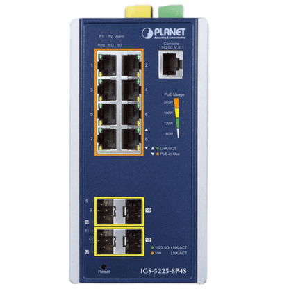 Switch Industrial Administrable Capa2, 8 Puertos Gigabit con PoE+ 802.3at, 2 Puertos SFP de 100/1G y 2 Puertos SFP de 100/1G/2.5G