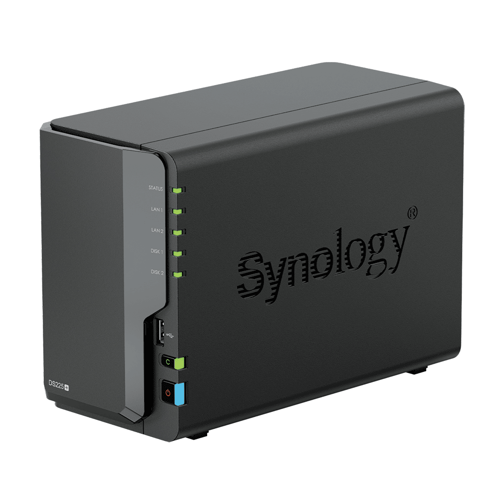 NAS DiskStation DS225+ | 2 Bahías | Intel Celeron J4125 | 2 GB DDR4 | Hasta 40 TB | Puertos 1GbE y 2.5GbE | USB 3.2 Gen 1 | Compatible con RAID | Synology DSM.