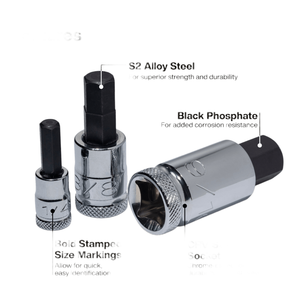 Juego de Dados Moleteados / SAE-Métrico-Hex-Torx® / 13 Piezas por Set / Acabado Moleteado para Mejor Agarre / Marcado en Relieve / Incluye Llaves Cuadradas