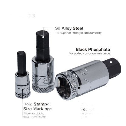 Juego de Dados Moleteados / SAE-Métrico-Hex-Torx® / 13 Piezas por Set / Acabado Moleteado para Mejor Agarre / Marcado en Relieve / Incluye Llaves Cuadradas