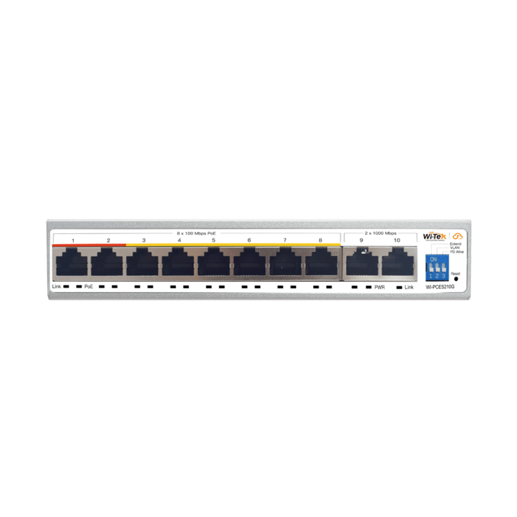 Switch PoE / Administración en la nube / Con 8 puertos 10/100 Mbsp PoE af/at / 2 Puertos Uplink 10/100/1000 Mbps /  Presupuesto 100 W / PoE hasta 250 metros / Soporta protocolo ONVIF