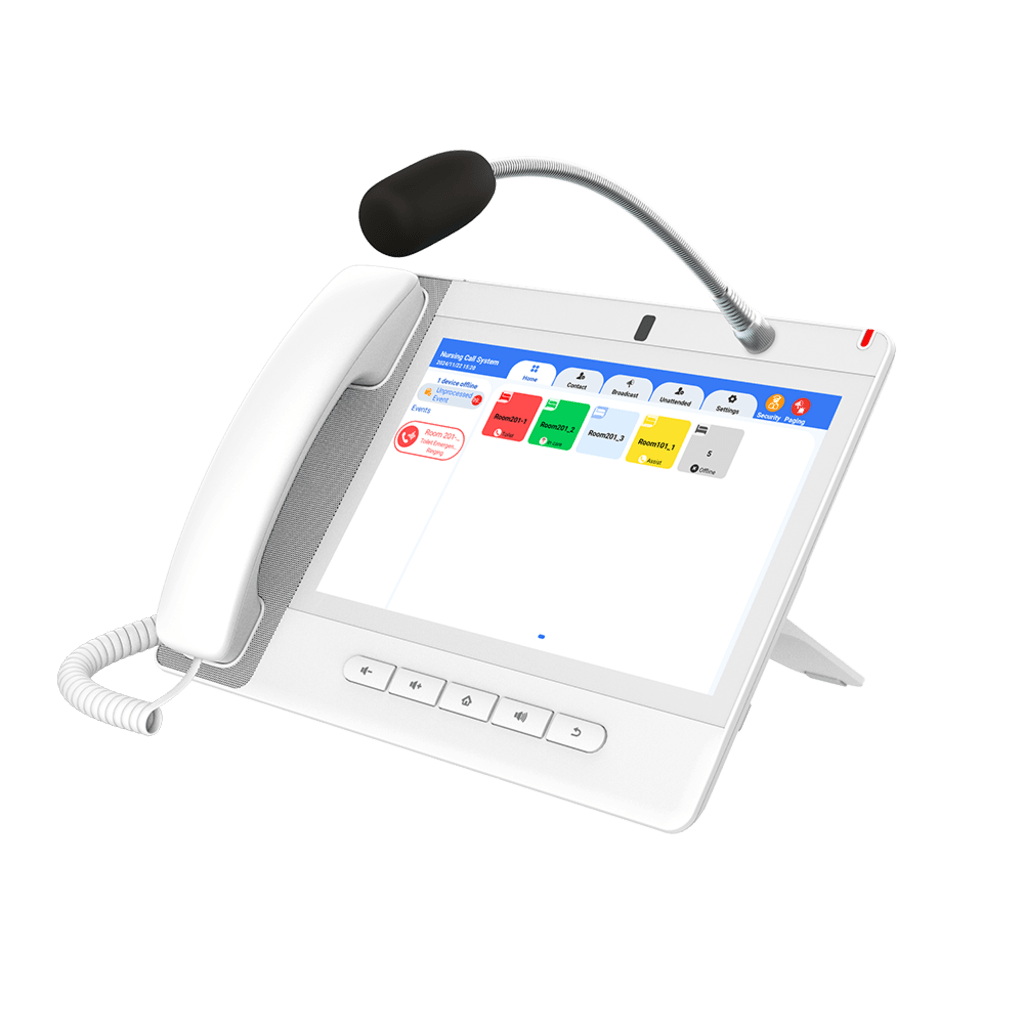 Teléfono IP Color Blanco Android 9.0 Empresarial para voceo 20 líneas SIP, pantalla táctil, Wi-Fi y Bluetooth, PoE, Voceo/ Musica por Multicast, puertos Gigabit, Sofware de Enfermeria