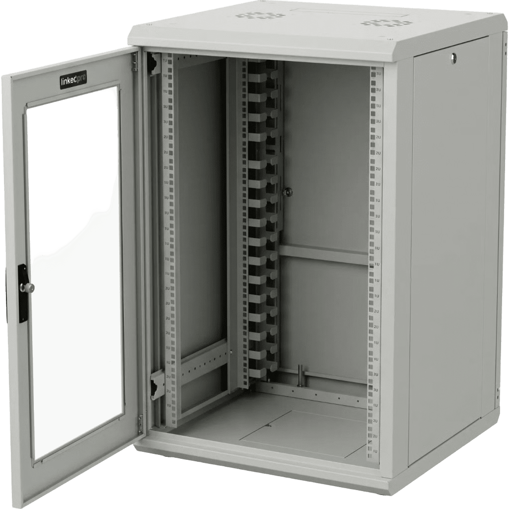 Gabinete Rackeable / 18 Unidades / 19 Pulgadas / Puerta de Cristal / Capacidad de Carga 750 Kg / Dimensiones 600x605x930 mm (23.6x23.8x36.6 in)