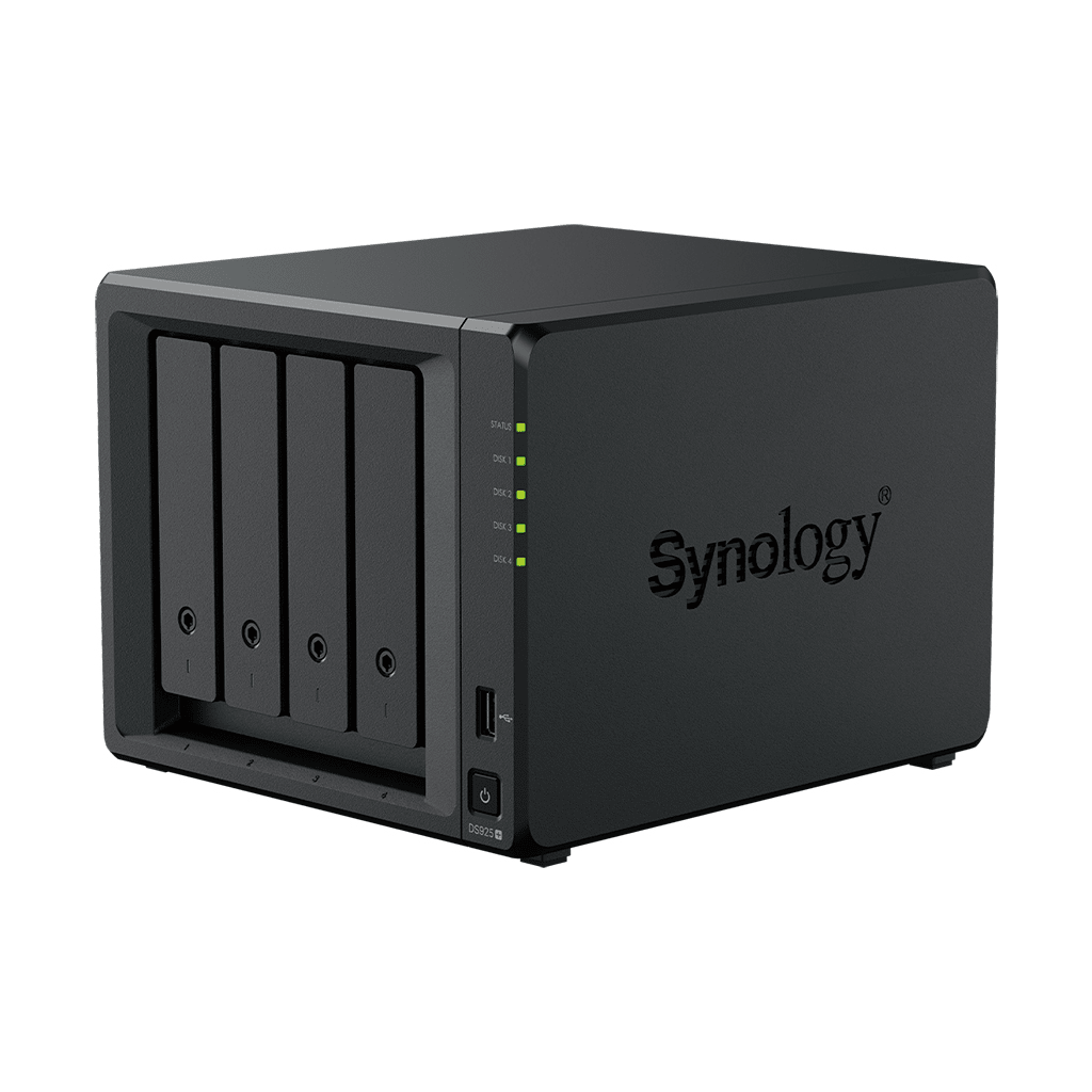 NAS DiskStation DS925+ | 4 Bahías | Expandible a 9 Bahías | 2 Puertos 2.5GbE | 2 Ranuras M.2 NVMe | AMD Ryzen V1500B | 4 GB DDR4 ECC | Hasta 565 MB/s Escritura Secuencial | Compatible con RAID | Synology DSM.