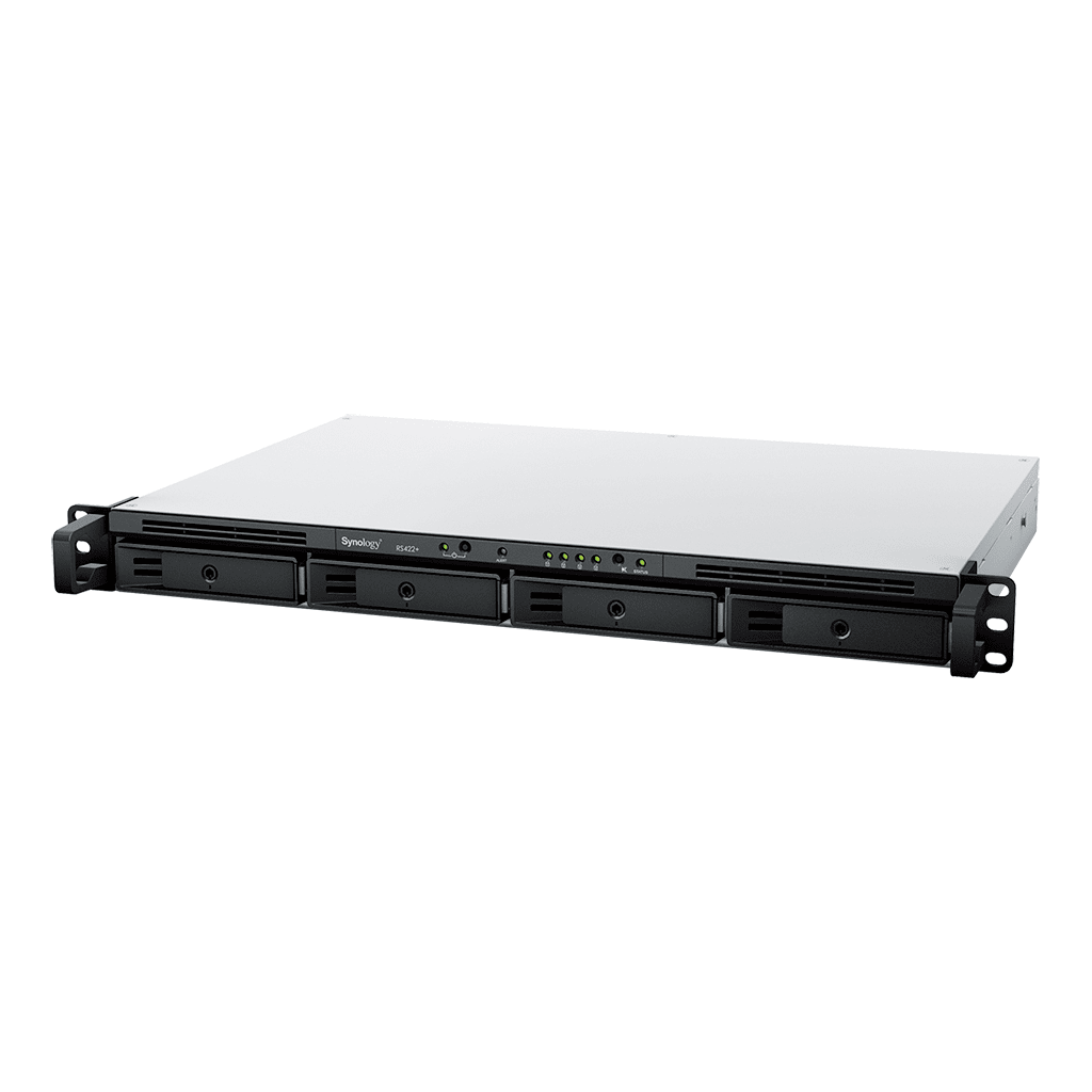 NAS RackStation RS822+ | 4 Bahías | 1U | AMD Ryzen V1500B | 32 GB DDR4 ECC | 4 Puertos 1GbE | Expansión PCIe | Compatible con SSD NVMe | Sistema Operativo Synology DSM.