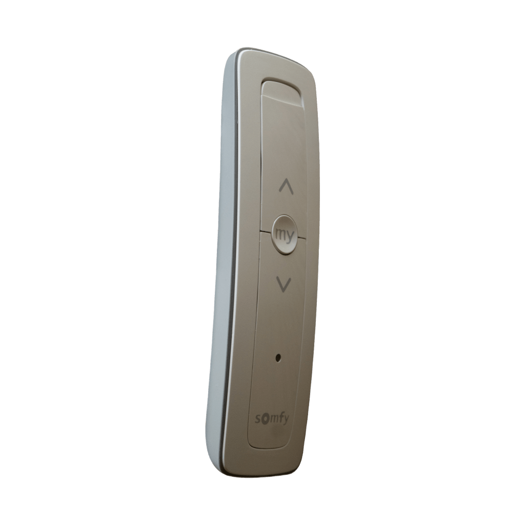 Control remoto 1 canal para motores de persiana Somfy con señal inalámbrica, instrucciones: sube, baja y detener, con posición favorita programada.