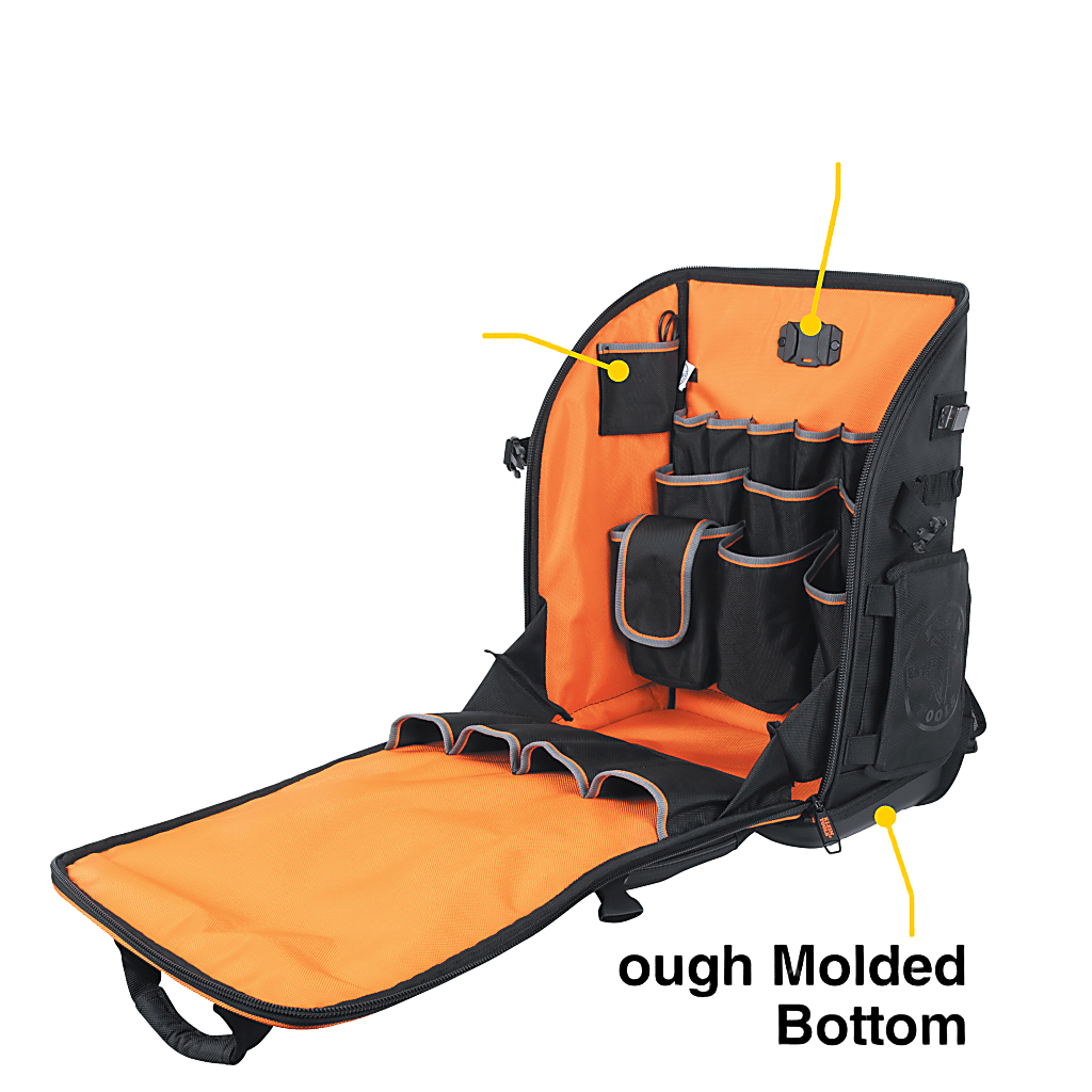 Mochila Profesional para Herramientas / 27 Bolsillos / Acceso Rápido y Estación de Trabajo / Base Moldeada Ancha / Interior Naranja / USB-C / Soporte para Lámpara