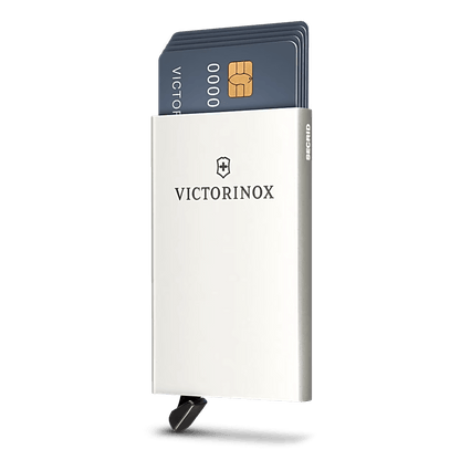 Tarjetero / Almacenamiento Seguro 4-6 Tarjetas / Aluminio Duradero / Protección RFID / Sistema Deslizamiento Patentado / Color Gris Claro.